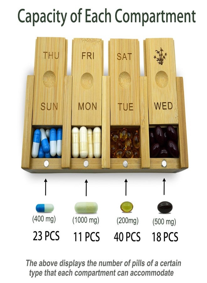 AODIYA 7-Day Bamboo Weekly Pill Organizer for Medicine Supplement, Arthritis Friendly Wood Pill Case Box for Vitamin, Daily Portable Travel Pill Holder Dispenser Container Keeper - Image 2